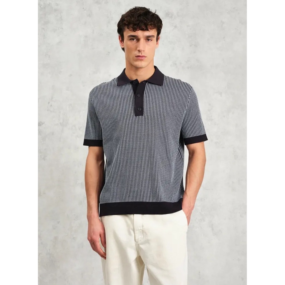 Barclay Vintage Polo Shirt in Navy Blue Micro Stripes Sz Medium